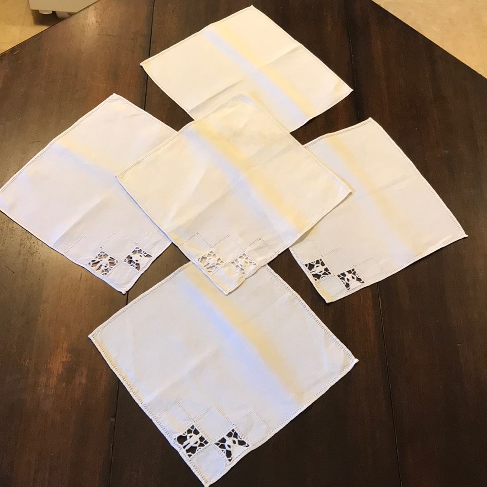 5 Vintage French Linen Hand-Embroidered Napkins
